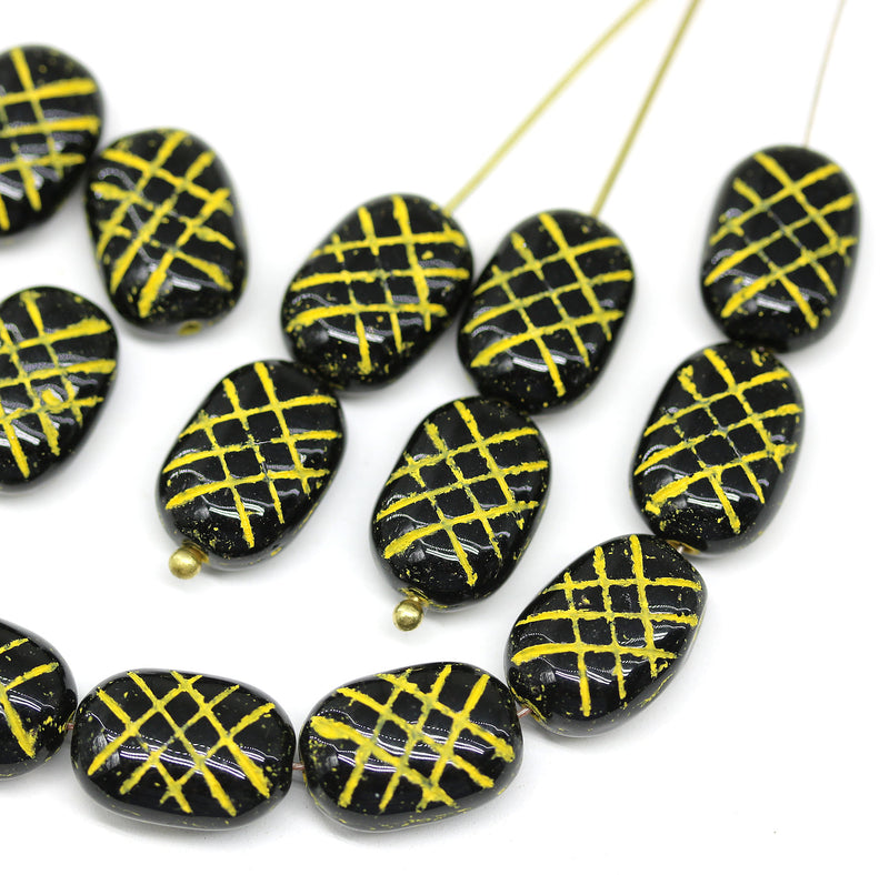 13x9mm Puffy oval black czech glass pressed beads, yellow wash, 15pc