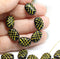 13x9mm Puffy oval black czech glass pressed beads, yellow wash, 15pc
