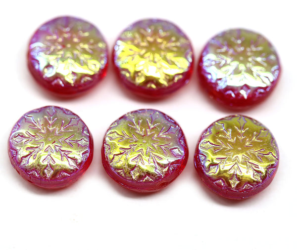 Transparent red czech glass snowflake beads AB finish - 6pc