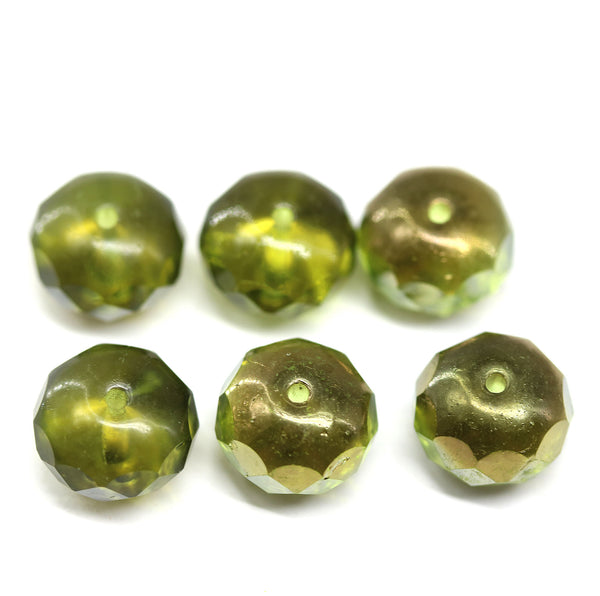 7x11mm Olivine puffy rondelle bronze finish Czech glass beads, 6pc