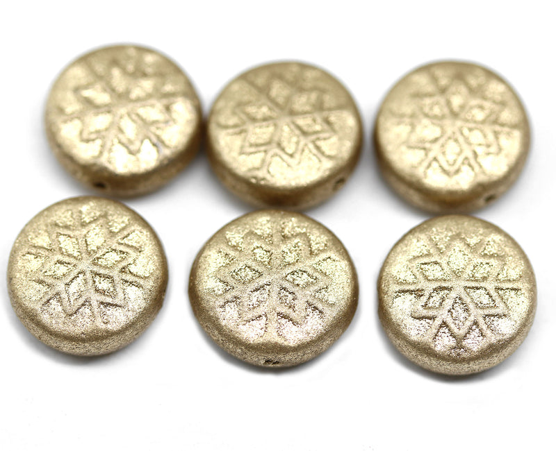 Matte gold czech glass snowflake beads - 6pc