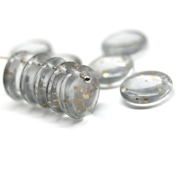 12mm Gray lentil, Gold flakes czech glass beads - 10Pc