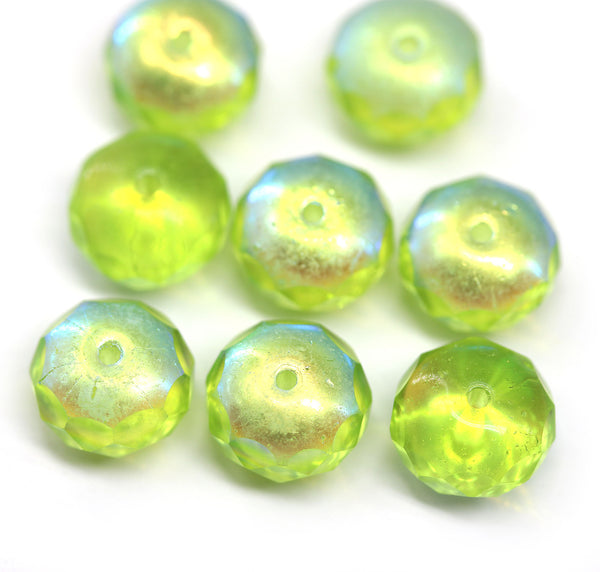 7x11mm Light olivine puffy rondelle AB finish Czech glass beads, 8pc