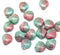 9mm Pink green czech glass shell beads side drilled copper wash, 20pc