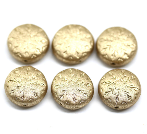 Matte gold czech glass snowflake beads - 6pc
