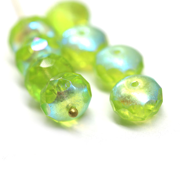 7x11mm Light olivine puffy rondelle AB finish Czech glass beads, 8pc