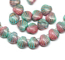 9mm Pink green czech glass shell beads side drilled copper wash, 20pc