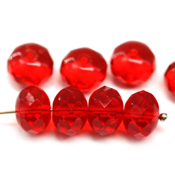 7x11mm Red puffy rondelle Czech glass beads, 8pc