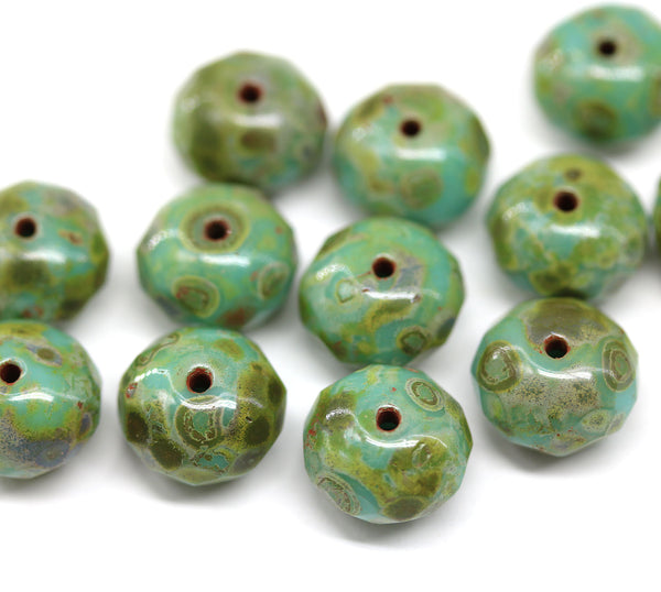 7x11mm Turquoise green puffy rondelle picasso Czech glass beads, 6pc