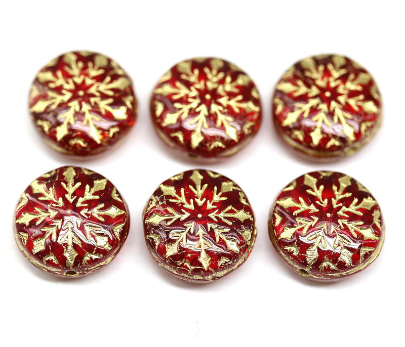 Transparent red gold inlays czech glass snowflake beads - 6pc