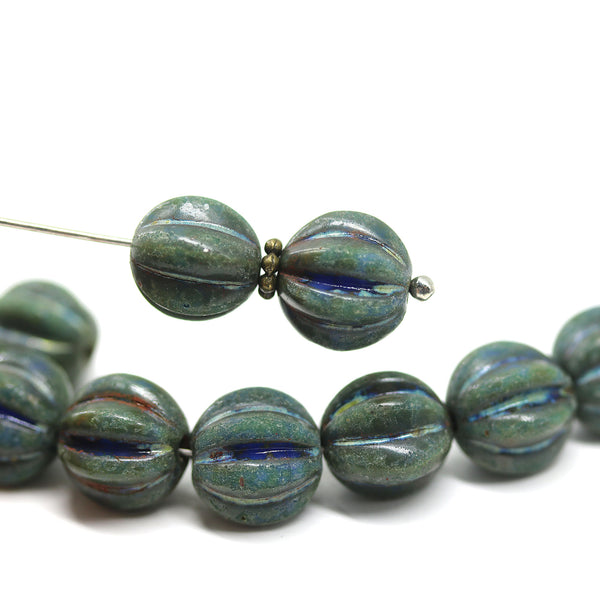 10mm Dark green round melon shape glass beads Picasso finish - 10Pc