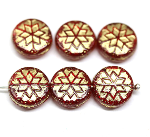 Transparent red gold inlays czech glass snowflake beads - 6pc
