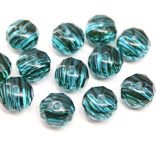 7x11mm Blue black stripes puffy rondelle Czech glass beads, 6pc