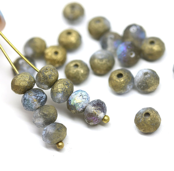 5x7mm Rustic gold czech glass rondelle beads seaglass finish - 25pc