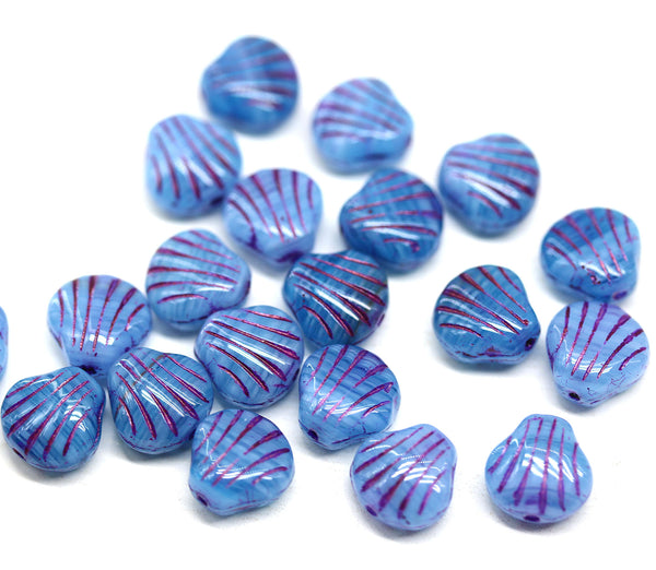 9mm Blue glass shell czech beads center drilled, 20pc