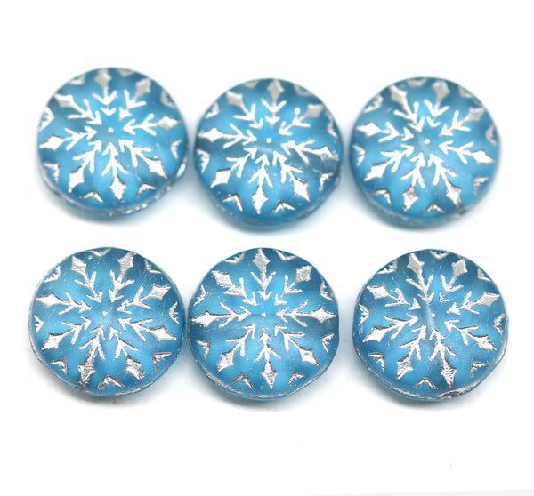 Frosted blue silver inlays czech glass snowflake beads - 6pc