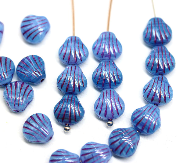 9mm Blue glass shell czech beads center drilled, 20pc