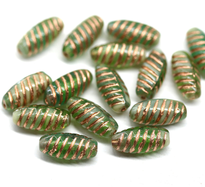 14x7mm Green long barrel czech glass beads copper wash, 15Pc