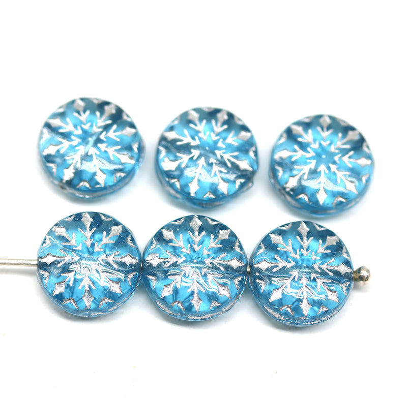 Transparent blue silver inlays czech glass snowflake beads - 6pc