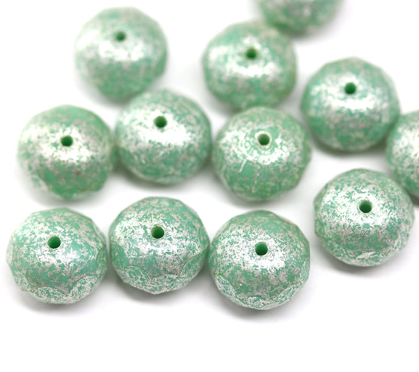 7x11mm Mint green silver wash puffy rondelle Czech glass beads, 6pc