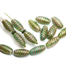 14x7mm Green long barrel czech glass beads copper wash, 15Pc