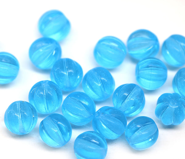 8mm Aqua blue czech glass round beads, Melon shape, 20pc