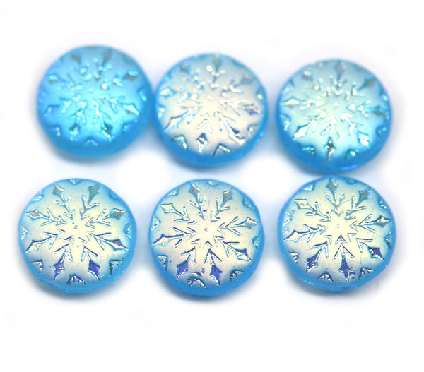 Frosted blue AB finish czech glass snowflake beads - 6pc