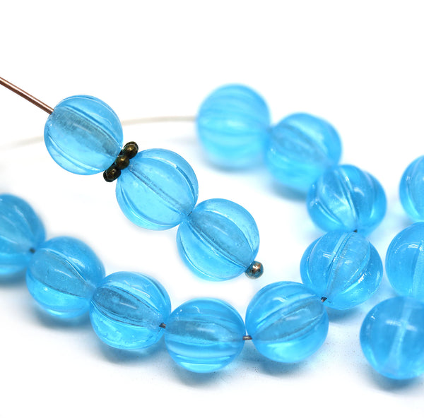 8mm Aqua blue czech glass round beads, Melon shape, 20pc