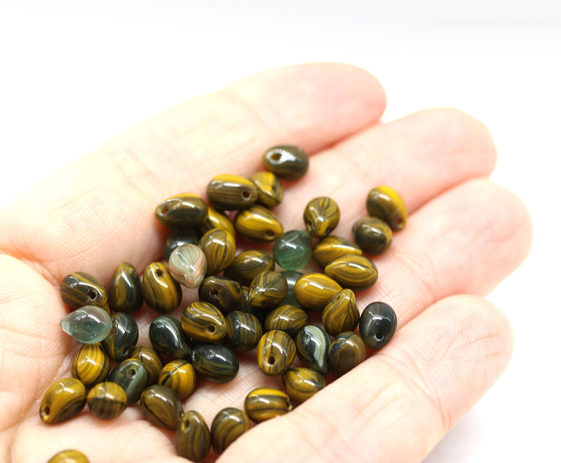 5x7mm Dark olive green glass drops, czech teardrop beads, 50pc