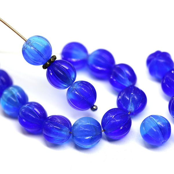 8mm Mixed blue czech glass round beads, Melon shape, 20pc