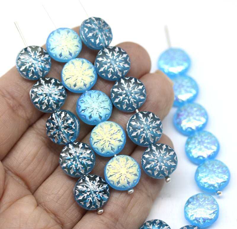 Frosted blue silver inlays czech glass snowflake beads - 6pc