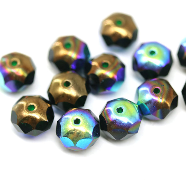 6x8mm Dark green rondelle czech glass beads AB finish - 12Pc