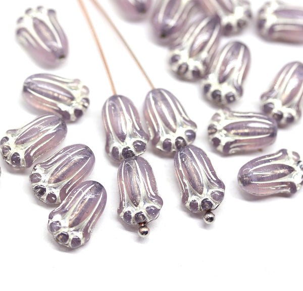 12x8mm Opal lilac tulip Czech glass beads, silver inlays, 20Pc