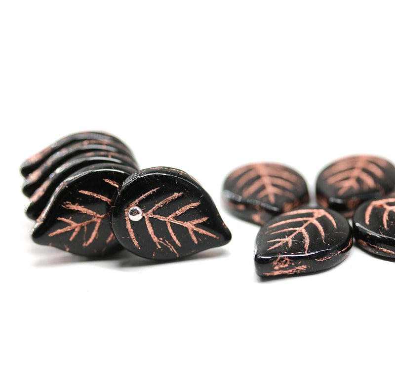 18mm Large black leaves, czech glass flat leaf, copper inlays, 10Pc