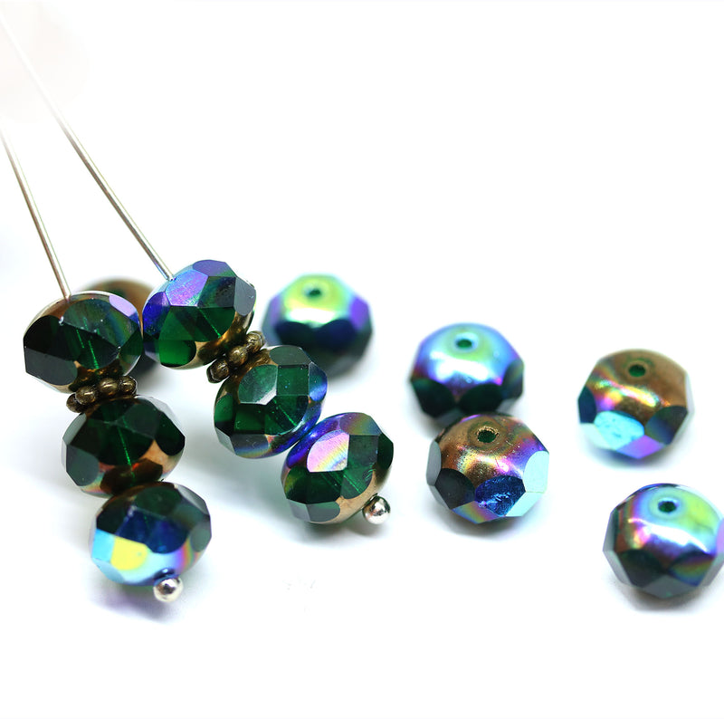6x8mm Dark green rondelle czech glass beads AB finish - 12Pc