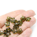 10mm Olive green czech glass flower caps, copper wash, 15pc