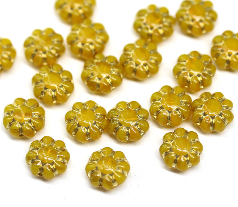 9mm Opal yellow Czech glass daisy flower beads, gold wash, 20pc