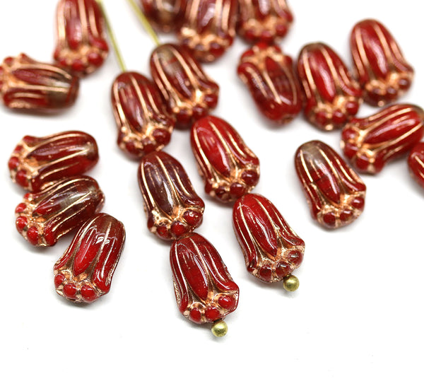 12x8mm Red mixed tulip flower Czech glass beads, copper wash, 20Pc