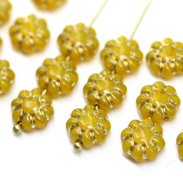 9mm Opal yellow Czech glass daisy flower beads, gold wash, 20pc