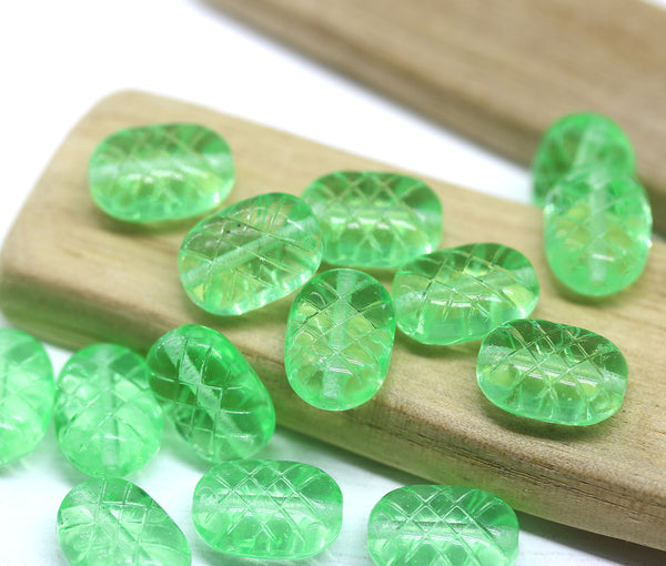 13x9mm Puffy oval spring green czech glass pressed beads, 15pc