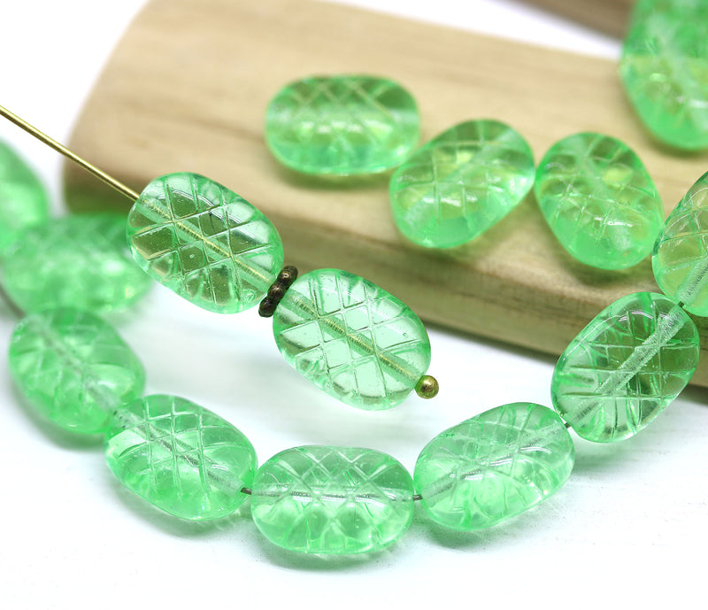 13x9mm Puffy oval spring green czech glass pressed beads, 15pc