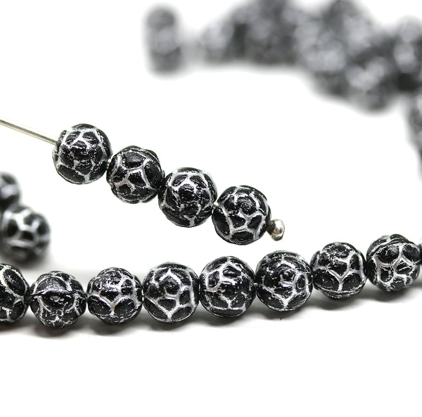 5mm Black rose bud beads, silver wash rose flower round bead, 50pc