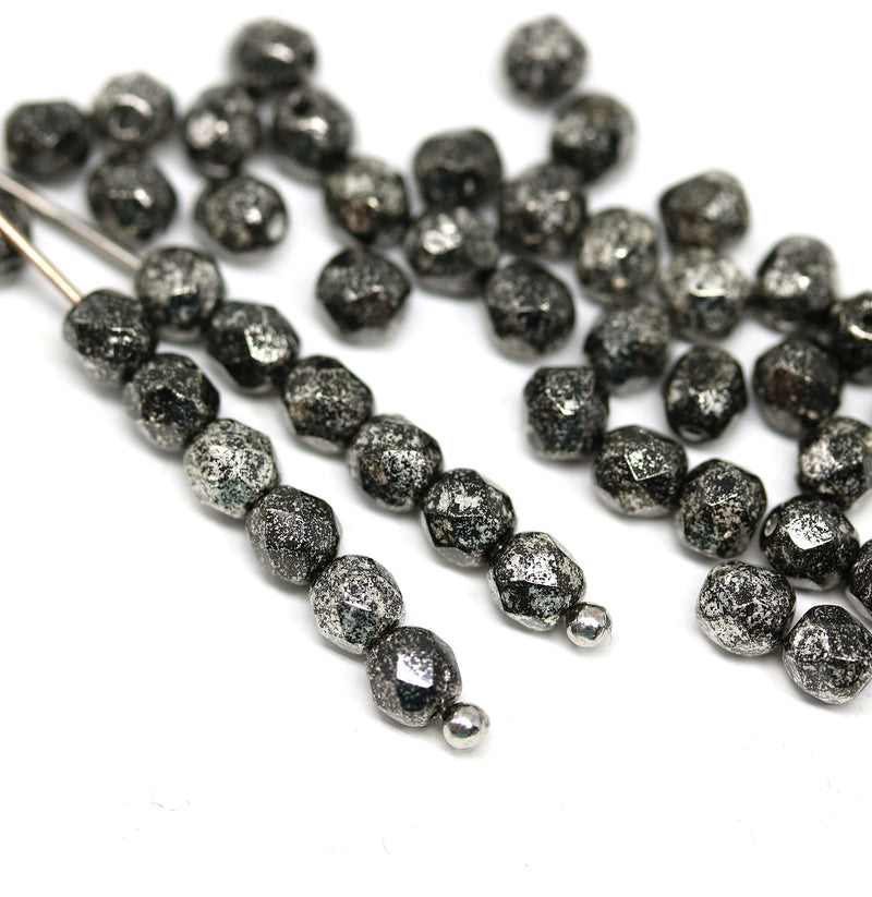 4mm Black czech glass fire polished beads silver wash - 50Pc