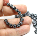 5mm Black rose bud beads, silver wash rose flower round bead, 50pc