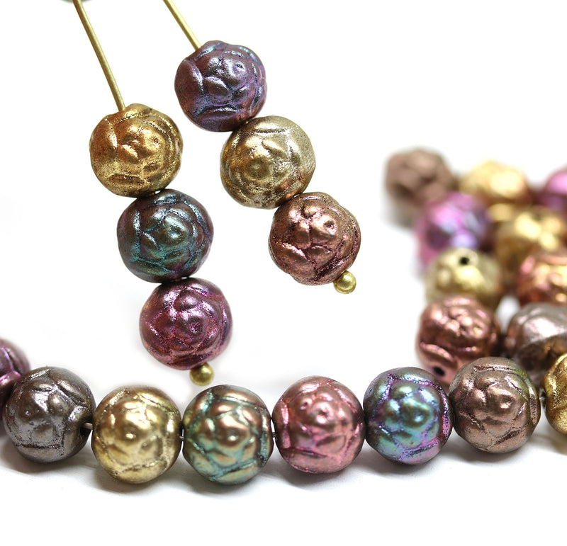 7mm Metallic rose bud beads, copper golden rose flower round bead, 30pc