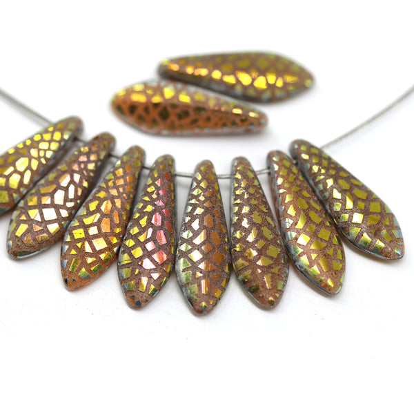 5x16mm Orange gold ornament dagger czech glass beads - 10pc