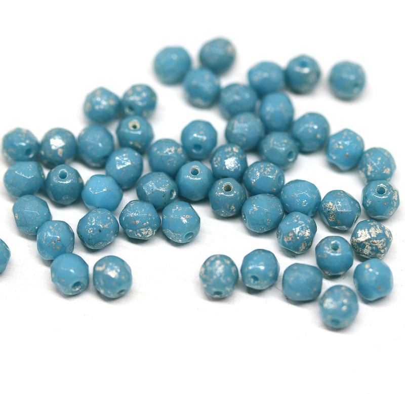 4mm Turquoise blue silver wash Czech glass fire polished round faceted spacers - 50Pc