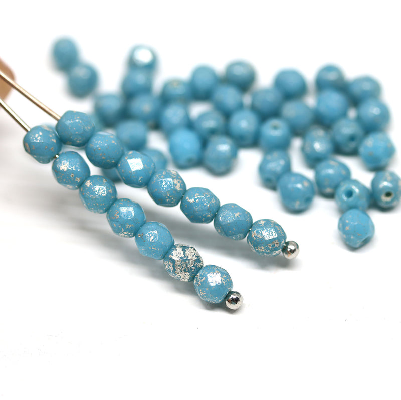 4mm Turquoise blue silver wash Czech glass fire polished round faceted spacers - 50Pc