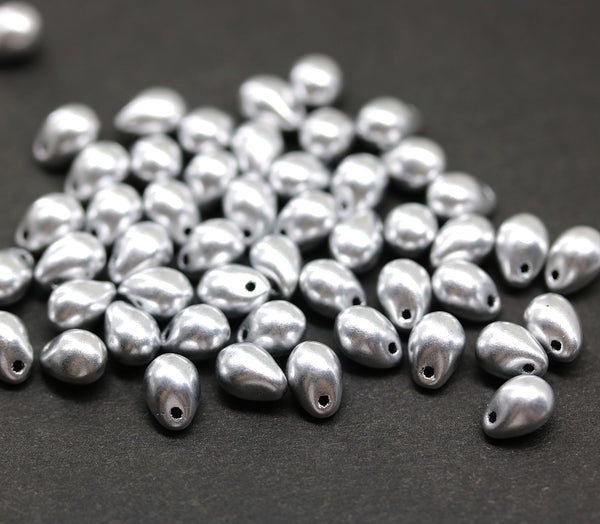 5x7mm Silver teardrop beads Czech glass drops, 40pc