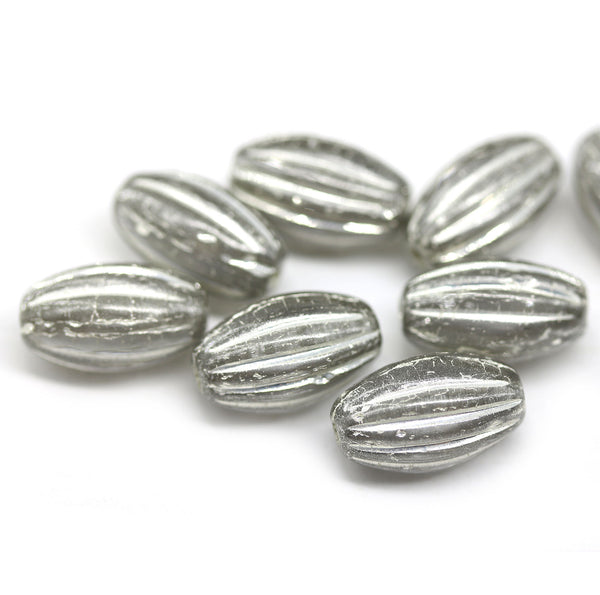 14x8mm Light gray oval Large czech glass barrel beads Silver wash, 8Pc